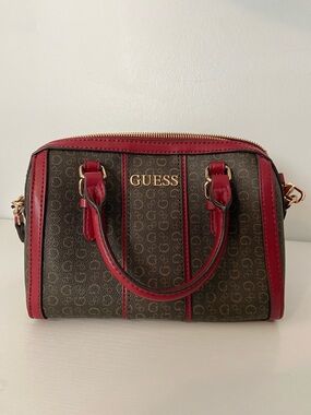 GUESS Brown Logo Satchel with Red Wine Trim and Gold Hardware